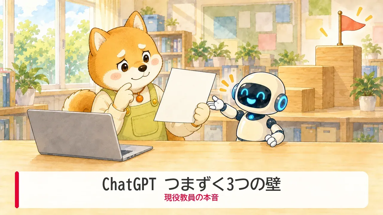 ChatGPTの使い方でつまずく3つの壁を前に、計画用紙を見てちょっと困った顔をするわんころ先生とロボットのイラスト
