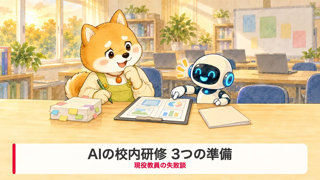 AIの校内研修の前日に、職員室で3つの準備を進めるわんころ先生とロボットのイラスト