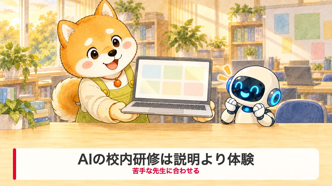 ノートパソコンを差し出して体験をすすめるわんころ先生と、わくわくして見守るロボットのイラスト（AIの校内研修は説明より体験）