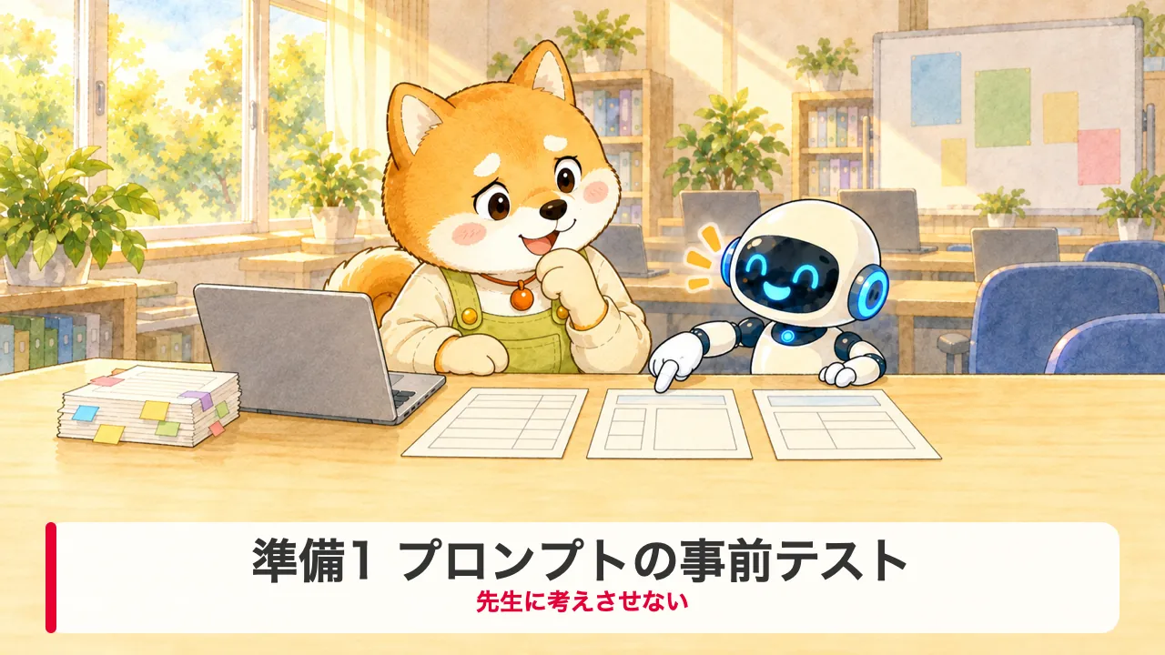 研修で使うプロンプトの答えを3枚並べて見比べる、わんころ先生とロボットのイラスト