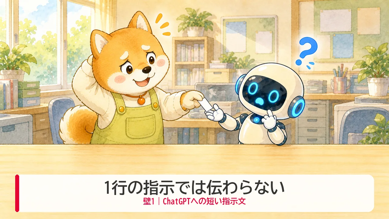 1行だけの短い指示メモを受け取って、はてなマークを浮かべるロボットとわんころ先生のイラスト