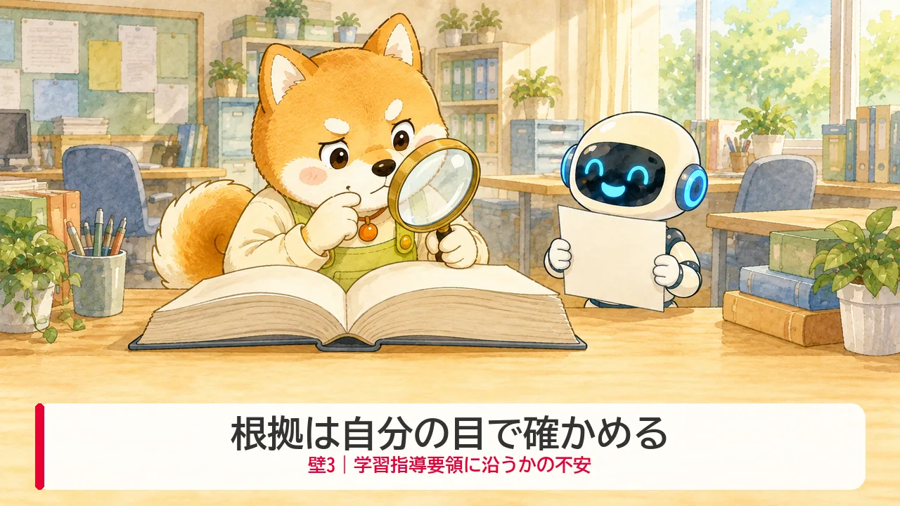 学習指導要領に沿っているか、虫めがねで分厚い本を確かめるわんころ先生とロボットのイラスト