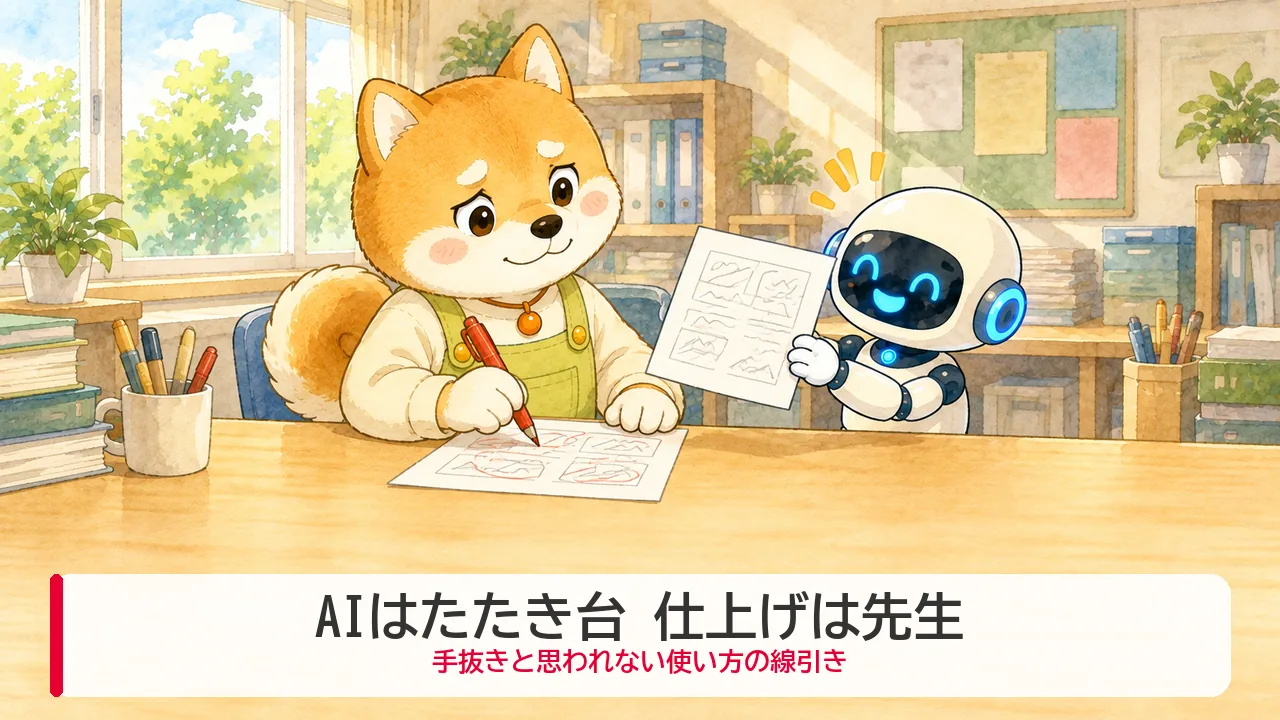 ロボットが出した下書きに、わんころ先生が赤ペンで書き込んで仕上げるイラスト