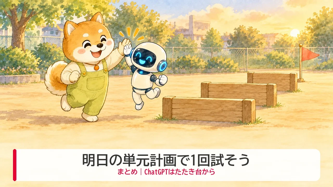3つの壁を越えて、夕方の校庭でハイタッチするわんころ先生とロボットのイラスト