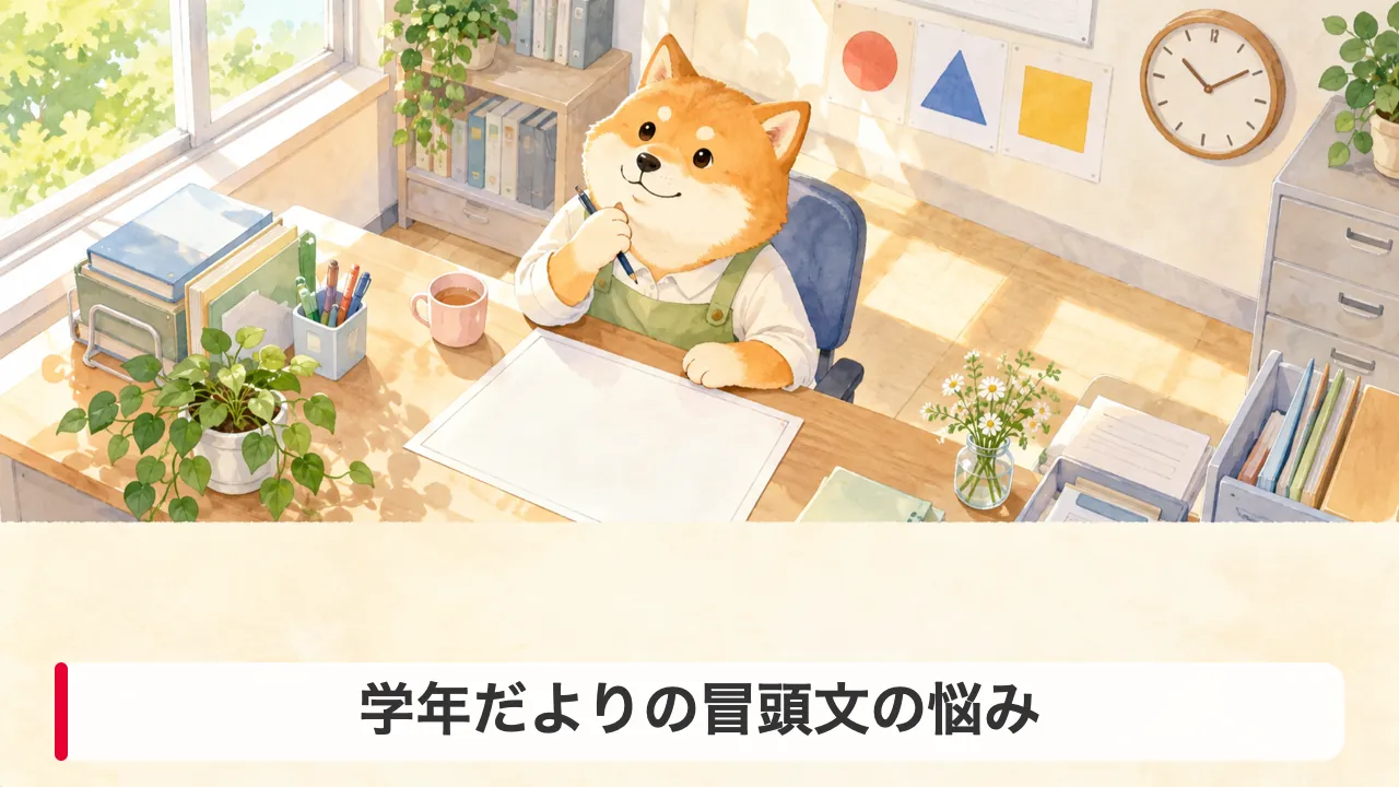 学年だよりの冒頭文を前に、白紙を見ながら考えるわんころ先生のイラスト。冒頭文の悩みを表す見出し画像。