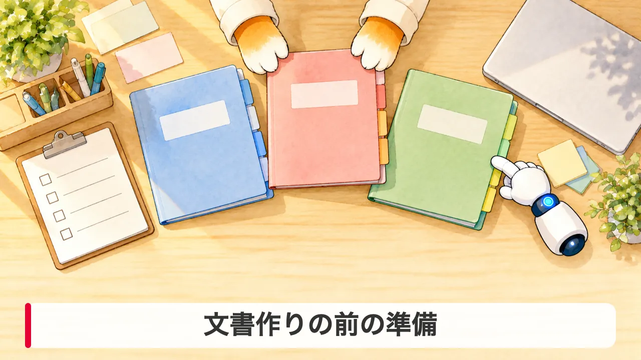 昨年の文書や確認表を準備する机を真上から見た図