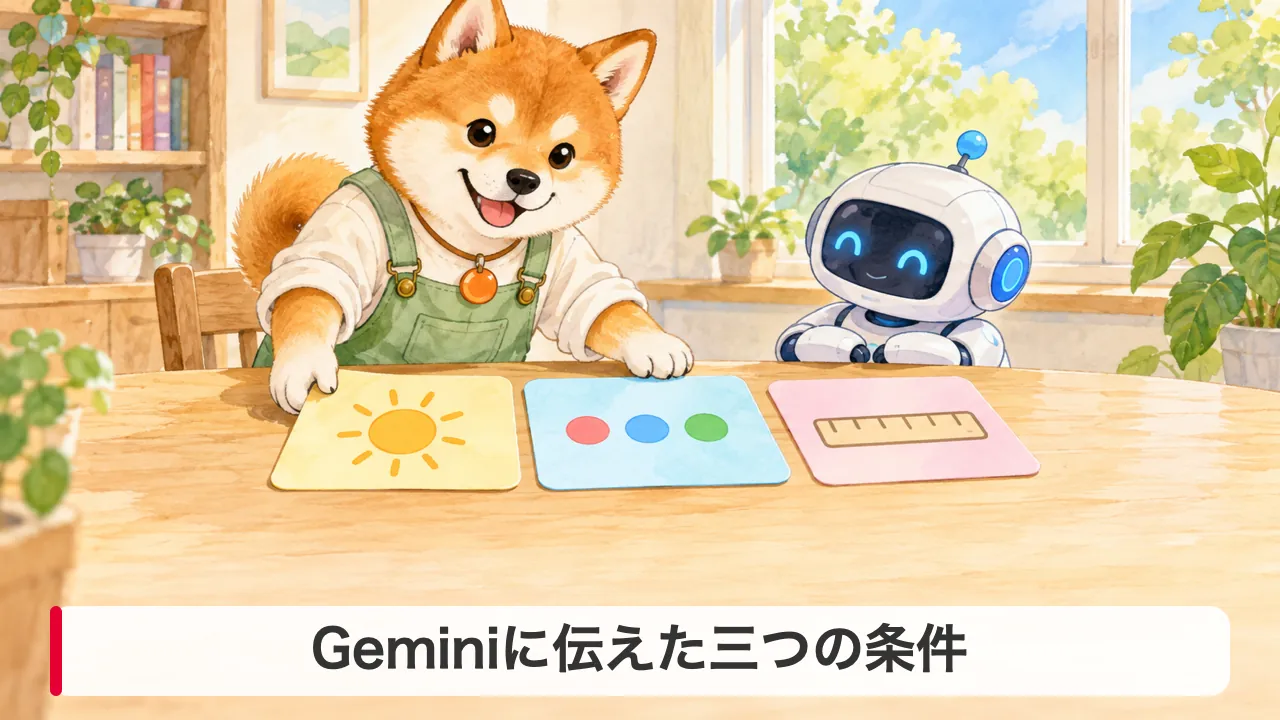 時期・話題三点・文字数の条件を整理するわんころ先生とロボットのイラスト。Geminiへの伝え方を表す見出し画像。