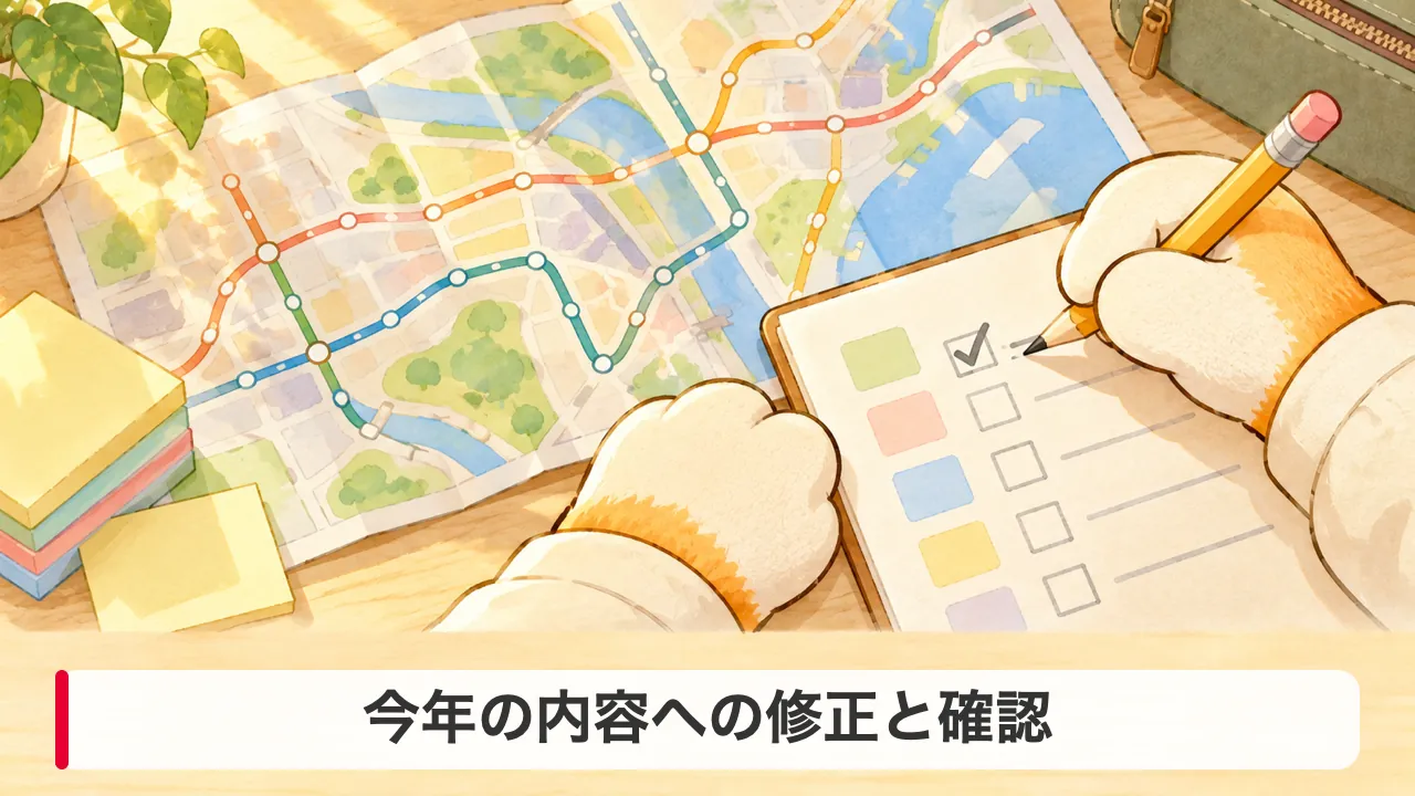 地図と確認表を鉛筆で確認するわんころ先生の手元のアップ