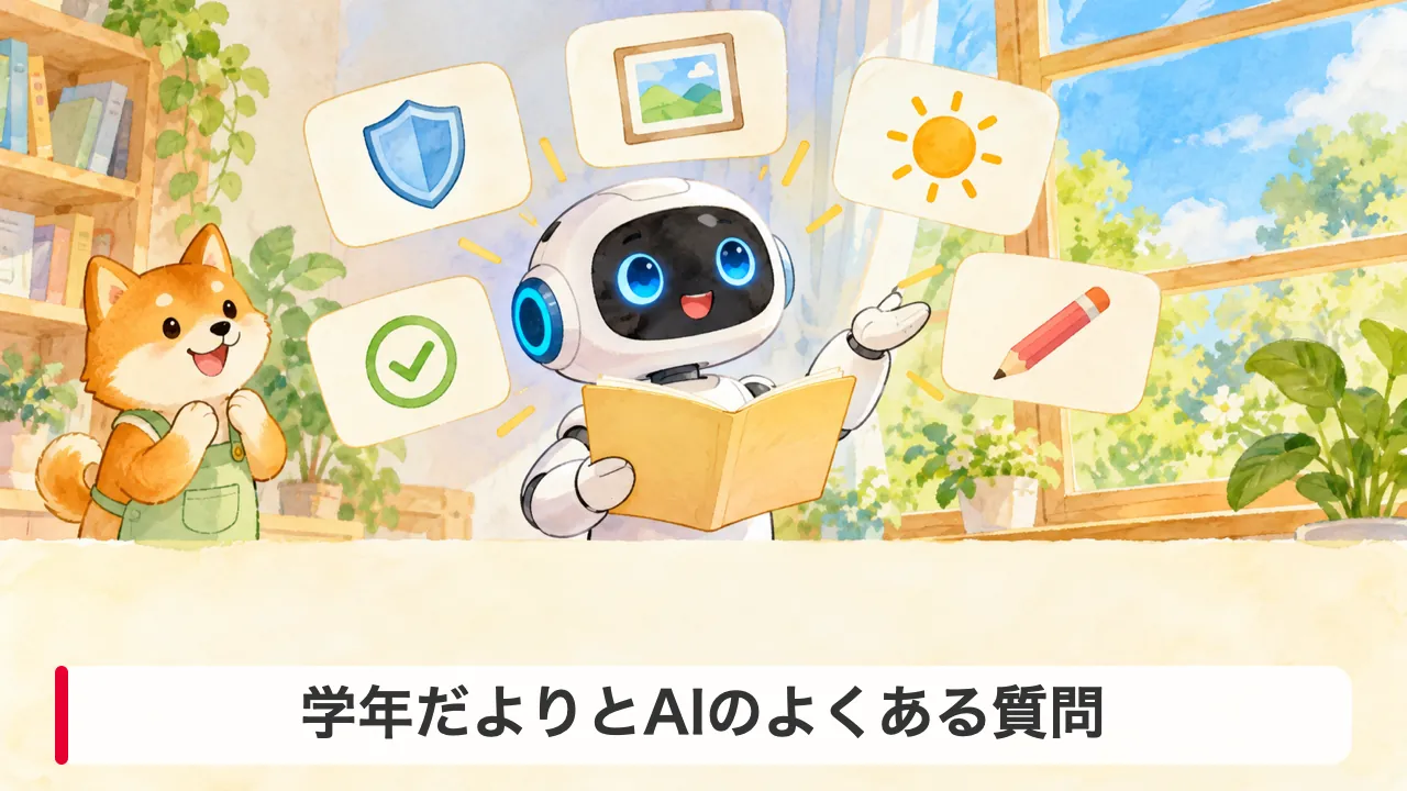 学年だよりとAIに関する五つの質問を示すロボットのイラスト。よくある質問の見出し画像。