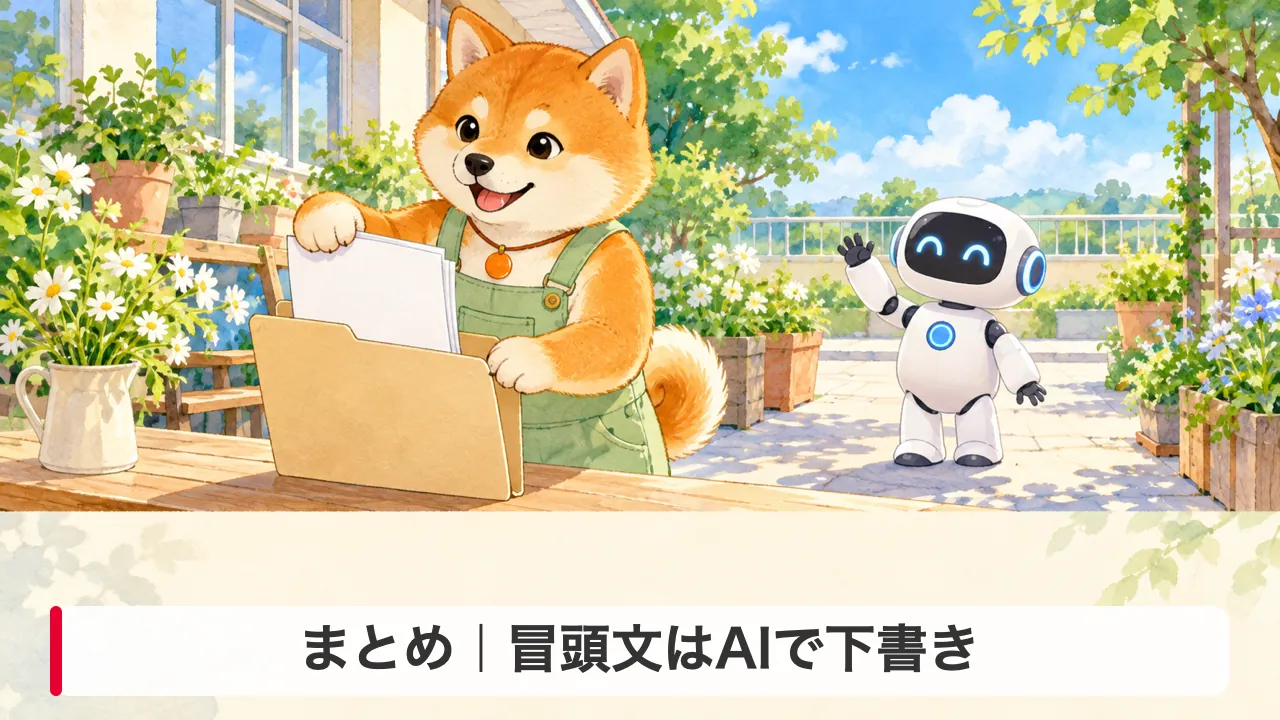 仕上げた学年だよりを片付けるわんころ先生と手を振るロボットのイラスト。記事のまとめを表す。